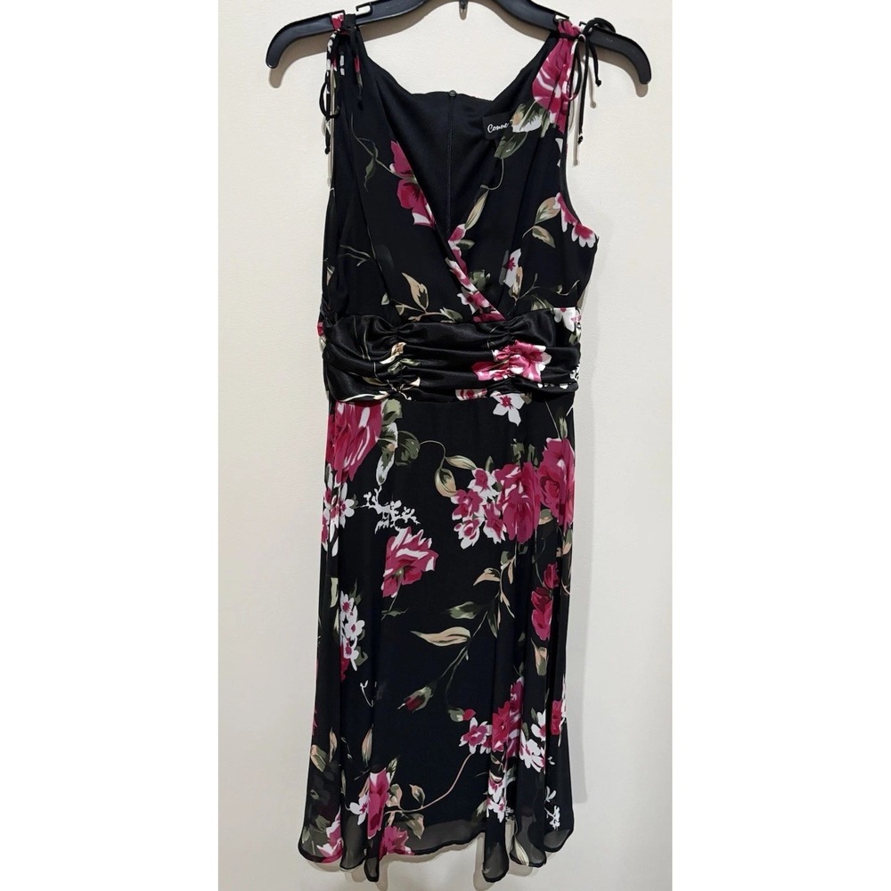 Connected Vintage Y2K Floral Dress Womens 8 Small Black Pink Chiffon Midi V-Neck